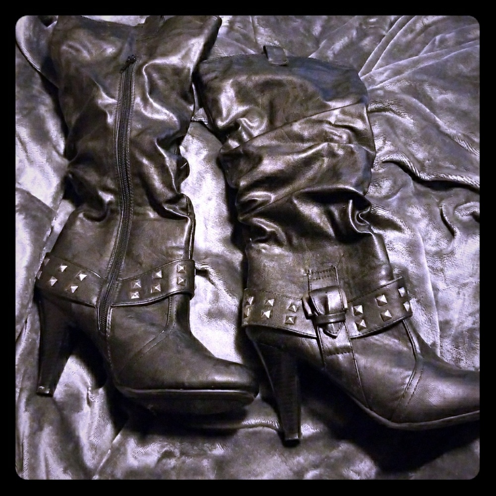 Black leather knee high boots